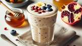 Keelpijn shake met honing, granaatappelpitjes, yoghurt, bosbessen en banaan